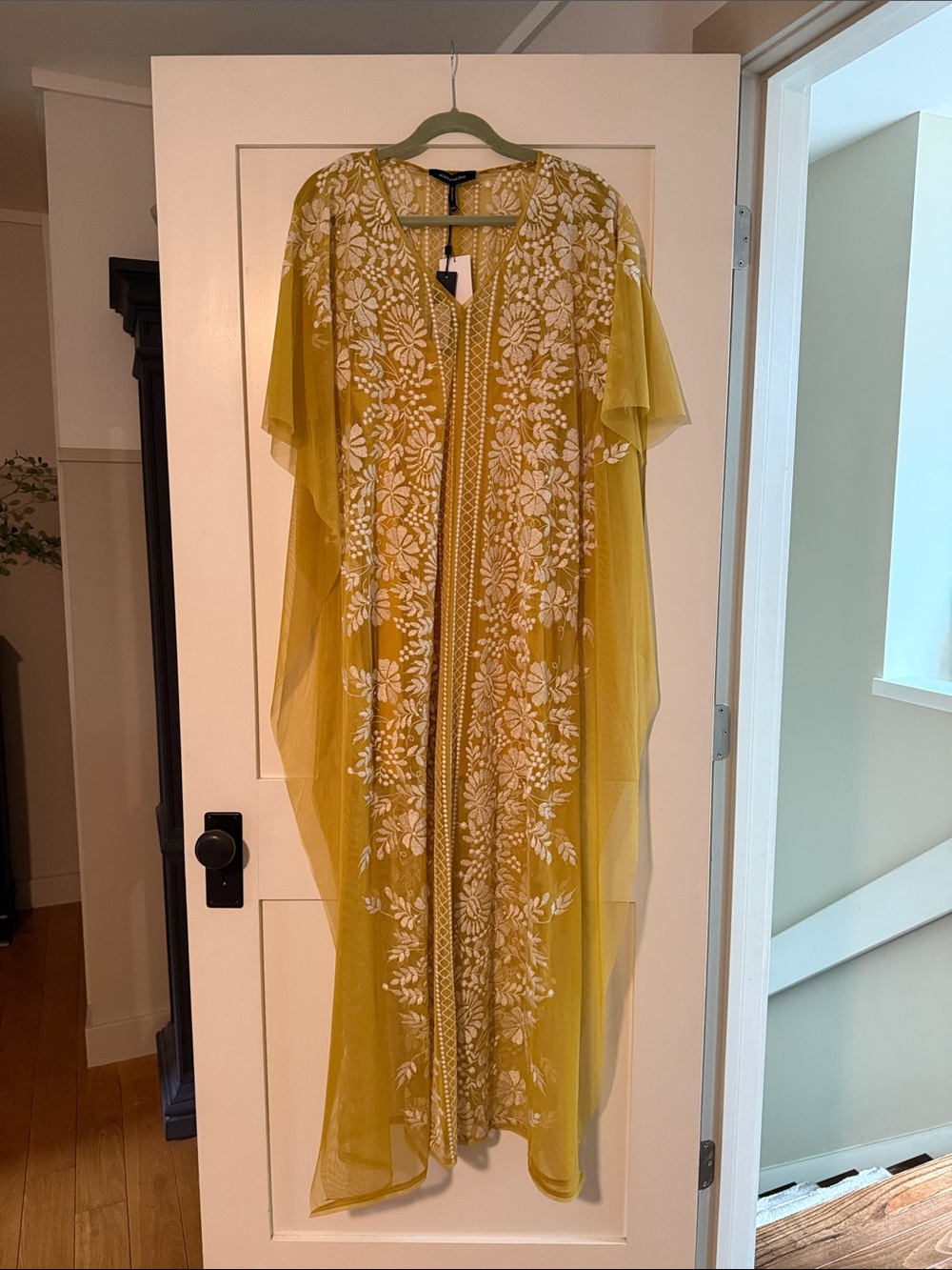 BCBGMaxAzria Mustard Yellow Floral Embroidered Maxi Dress
